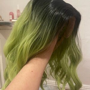 Stylish Ombre Green Wig, brunette wig with bangs,